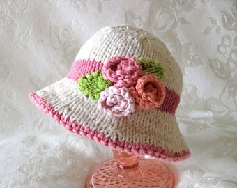 Knitted Rose Baby Bonnet Knitting Brimmed Knit Baby Hat Knit Roses Baby Hat Baby Shower Knitted Baby Gift Gift for new mom christening gift