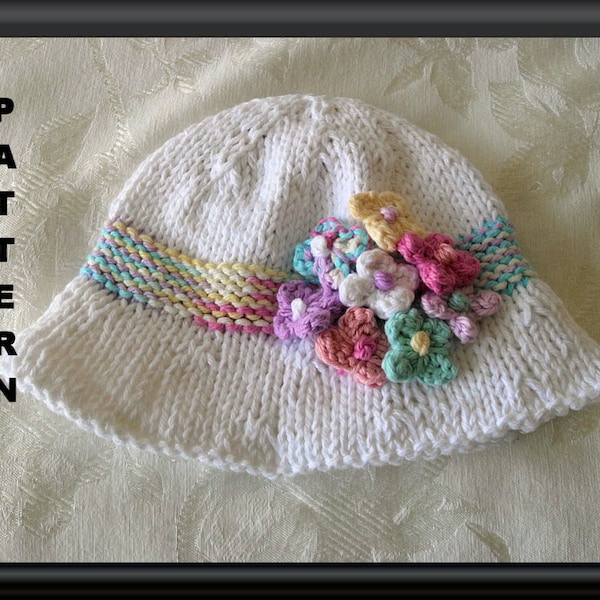 Knitted Hat Pattern Baby Hat Pattern Instant Download Hat Pattern  Children Clothing Baby Hat with Flower: WILDFLOWERS BRIMMED HAT