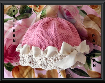 Baby Hat Pattern Knitted Hat Pattern Instant Download Baby Hat Pattern Knitting Pattern for Lace Baby Hat with Ribbon: BERIBBONED