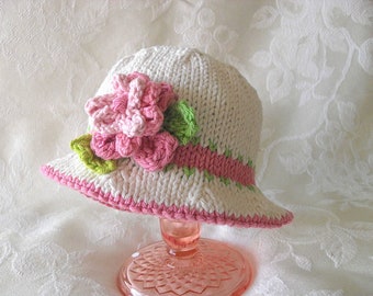 Knitted Flower Baby Bonnet Knitting Brimmed Hat Brimmed Baby Hat Flower hat baby shower knitted baby gift gift for new mom christening gift