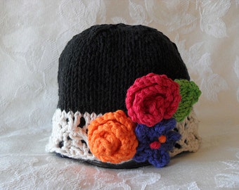 Knitted Baby Hat Hand Knitted Baby Cloche Cotton Knitted Baby Beanie with Flowers Knitted Lace Baby Cloche baby shower knitted baby gift