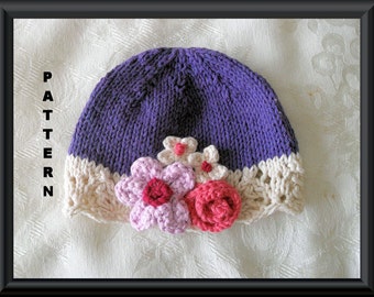 Knitted Hat Pattern Baby Hat Pattern Knitting Pattern for Baby Hat Baby Hats Newborn Hat Pattern  Lace Cloche with Flower: BLUE AND LAVENDER