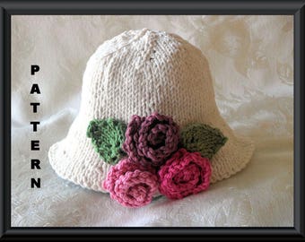 Knitted Hat Pattern Baby Hat Pattern Newborn Hat Pattern Infant Hat Pattern Knit Hat with flower: THREE ROSES BRIMMED Baby Hat