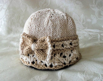 Knitted beige bow baby cloche baby cap Knitting Knit Baby Cloche Knitted Lace Baby girl hat baby shower knitted baby gift gift for new mom