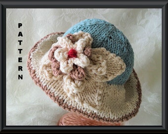 Knitted Hat Pattern Baby Hat Pattern Knitting Pattern for  Brimmed Baby Hat in Ivory and Teal with Flower and Leaves: BRIMMED REAL TEAL