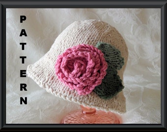 Knitted Hat Pattern Knitting Pattern for a Brimmed Baby Hat in Ivory with a Pink or Ivory Rose: PINK or IVORY rose BRIMMED Hat