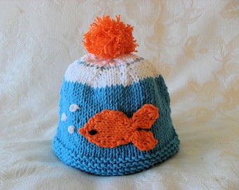 Pet Goldfish in a Bowl Knitted Baby Hat Knitting Knit Baby Beanie   Knitted Baby Cap Baby Shower knitted baby gift christening GLUB GLUB!