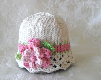 Knitted Baby Hat Knitting Knitted Baby Cloche with Flower Cotton Knitted Baby Beanie  Knitted Lace Baby Hat Baby Shower knitted baby gift