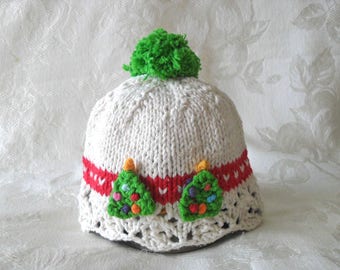 Knitted Baby Hat Knitting  Knitted Baby Cloche Christmas Baby Beanie Knitted Lace Hat Christmas trees baby shower knitted baby gift