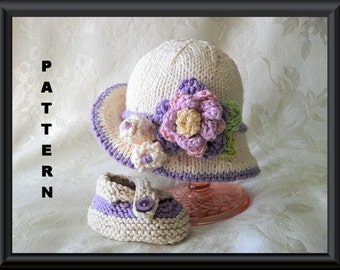 Knitted Hat Pattern Baby Hat Pattern Knitting Pattern for  Brimmed Baby Hat in Easter Colors with Flowers: EASTER BONNET