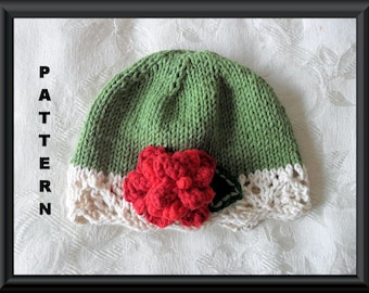 Baby Hat Pattern Knitted Hat Pattern Christmas Pattern Instant Download Pattern Infant Hat Pattern Knit Hat with Flower: VICTORIAN CHRISTMAS