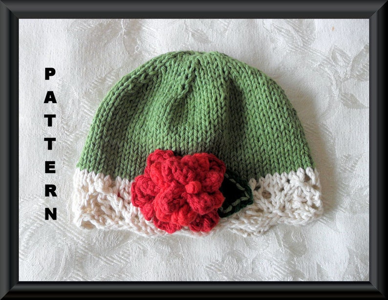 Baby Hat Pattern Knitted Hat Pattern Christmas Pattern Instant Download Pattern Infant Hat Pattern Knit Hat with Flower: VICTORIAN CHRISTMAS image 1