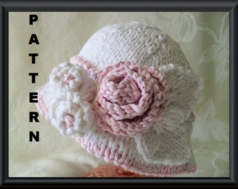 Knitted Hat Pattern Baby Hat Pattern Bonnet Pattern Instant Download Brimmed Baby Hat in White and Pastel Pink with a Rose: HINT OF PINK