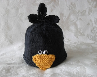 Knitted Baby Hat Knitting Hand Knitted Black Crow Baby Beanie Cotton  Knitted Baby Beanie Halloween Crow Baby Hat Baby shower CAW CAW CAW!