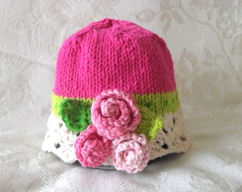 Knitted Rose baby cloche Baby Cap Knitting Knitted Lace Baby Cloche Knit Baby Beanie with Roses baby shower knitted baby gift christening