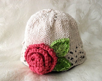 Knitted Baby Hat Knit Baby Cloche Knitted Baby Hat with Rose Lace Baby Hat baby shower knitted baby gift gift for new mom christening gift