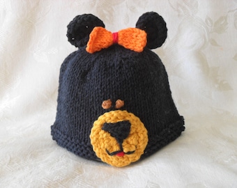 Knitted Black Sun Bear Baby Hat Knitting Knit Baby Beanie Knitted Black Bear Cap Animal Baby Hat Grizzly Bear Baby Hat Halloween Baby Shower