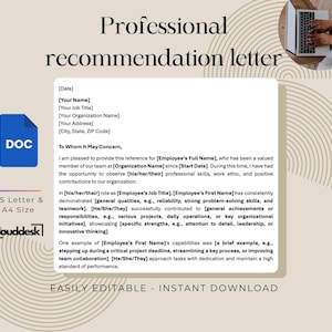 Carta de recomendación profesional, carta de recomendación para empleados, carta de recomendación, referencia laboral, carta de recomendación editable