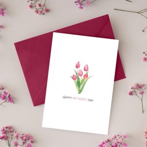 Biglietto digitale stampabile per la festa della mamma, motivo floreale con tulipani, download immediato, biglietto delicato, modello stampabile