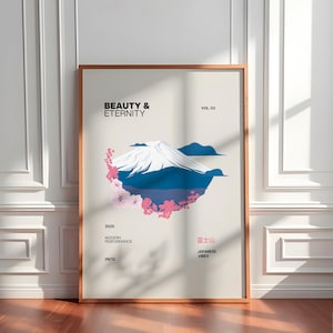 Puede incluir: Lámina enmarcada con una ilustración estilizada del Monte Fuji con cima nevada, agua azul y flores de cerezo rosas. La impresión incluye el texto "BEAUTY & ETERNITY" y "JAPANESE VIBES". El marco es de color marrón cálido.
