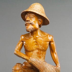 Vintage Balinese Fisherman Wood Sculpture | Handcarved Tribal Art from Bali | Cultural Figurine with Net & Basket