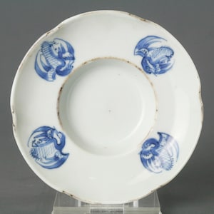 Rare Antique Chinese Blue and White Floral Crane Saucer / Cup Holder - Qing Dynasty