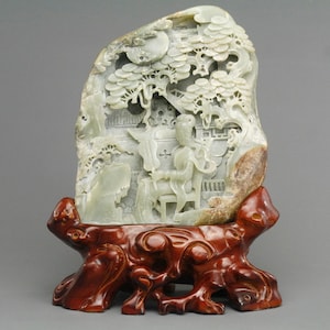 Fine Chinese Jade Sculpture with Wood Base | Hand-Carved Lady & Tree Scene | Vintage Decorative Stone Art | Collectible Home Accent