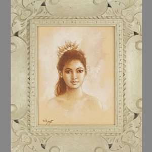 Balinese Lady Canvas Painting | Signed Eddy Wat | Ornate Carved Frame Wall Art | Traditional Indonesian Cultural Portrait