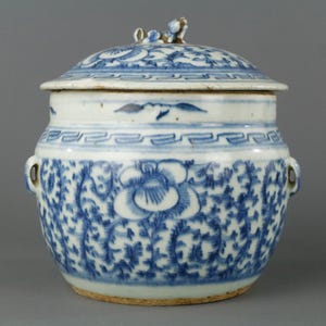Antique Chinese Porcelain Blue and White Lidded Kamcheng Jar Foo Dog Cover - Qing Dynasty
