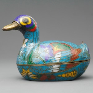 Vintage Chinese Blue Cloisonné Duck Trinket Box | Enamel Bird Keepsake | Handcrafted Decorative Collectible Gift