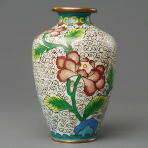 Vintage Chinese Cloisonné Floral Vase | Handcrafted Enamel Miniature | White Decorative Metal Vase | Collectible Asian Art