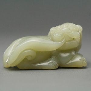 Old Chinese Celadon Jade Mythical Beast Figurine | Carved Feng Shui Talisman | Asian Art Collectible Sculpture