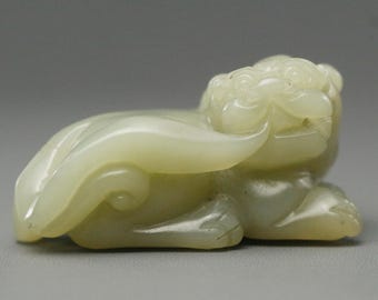Old Chinese Celadon Jade Mythical Beast Figurine | Carved Feng Shui Talisman | Asian Art Collectible Sculpture