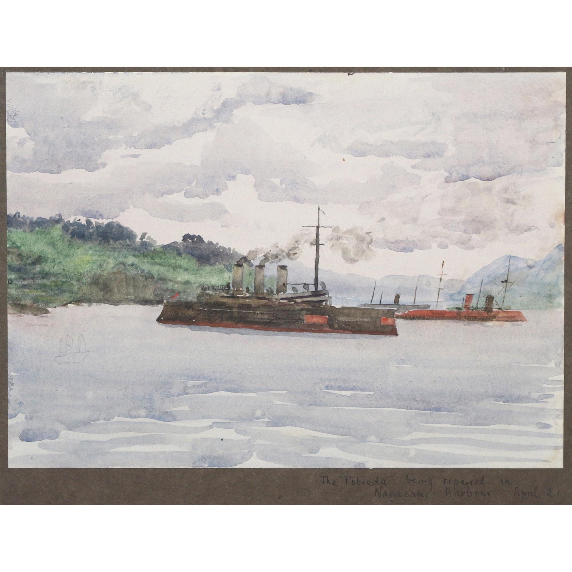 Vintage Japanese Watercolor Painting - The "Pobieda" being repaired in Nagasaki Harbour - April 21