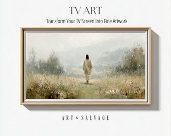 Könnte beinhalten: Gerahmtes Landschaftsgemälde mit einer Figur, die sich vom Betrachter entfernt. Das Kunstwerk zeigt eine gedämpfte Farbpalette aus Beige, Grün und Grau, mit dem Text "TV ART" und "Verwandeln Sie Ihren Fernsehbildschirm in feine Kunst". Der Rahmen ist goldfarben.