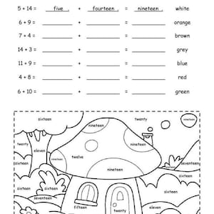 Può includere: Foglio di lavoro in bianco e nero con problemi di matematica e un disegno da colorare a forma di fungo. Il foglio di lavoro include problemi di addizione con le risposte scritte in parole. La pagina da colorare ha numeri per guidare le scelte di colore.