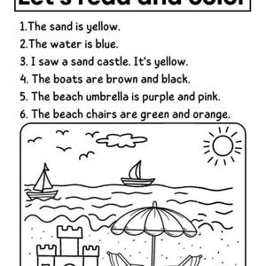 May include: Black and white line drawing of a beach scene with text that reads "Let's read and color." The image includes a sand castle, boats, beach chairs, and an umbrella. The text provides color instructions.