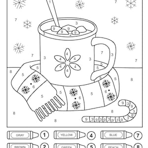 May include: Black and white color-by-number worksheet featuring a mug of hot chocolate with a scarf and snowflakes. Includes crayons with color names and numbers for each section. Text reads "Name:" and "SmartKidSheetss".