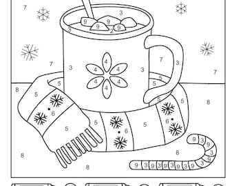 Feuille de travail hivernale à colorier par numéros / Coloriage cacao chaud pour enfants / Activité hivernale à imprimer / Feuille de travail couleur par code