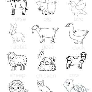 Puede incluir: Dibujos lineales en blanco y negro de varios animales, incluyendo un caballo, un cerdo, un pájaro, un conejo, una cabra, un pato, una oveja, una gallina, una vaca, un león, un zorro y una tortuga. La palabra "ANIMALES" está escrita arriba.