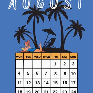 August 2025 Calendar Printable | Beach Summer Monthly Wall Calendar | Tropical Palm Tree Calendar | Instant Download
