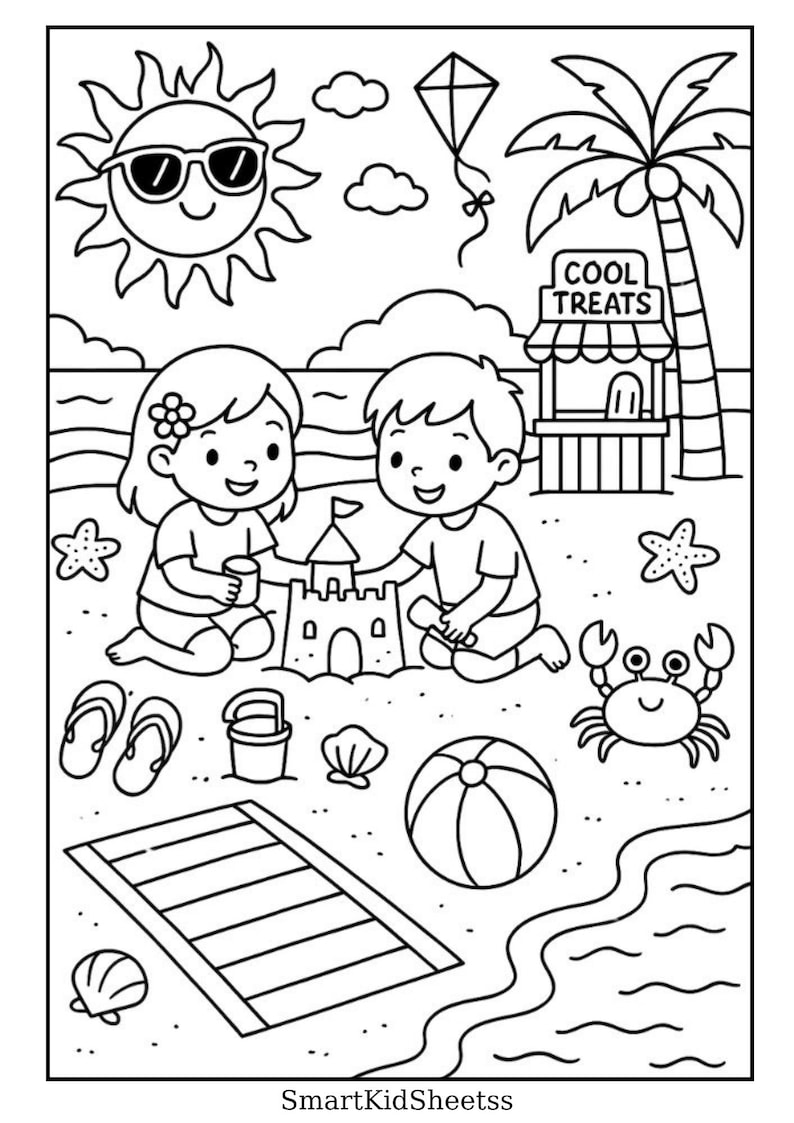 Summer Beach Coloring Page for Kids - ESL Activity - Etsy