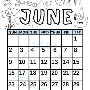 Peut inclure: Page de calendrier de juin en noir et blanc avec des illustrations sur le thème de la plage. Comprend une grille de calendrier avec les dates, le mot "JUIN" en grandes lettres et des dessins de crabe, de lunettes de soleil et de palmier.