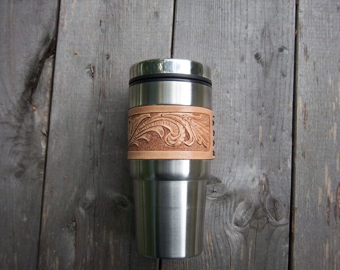 Hand Carved Leather Travel Mug Etsy