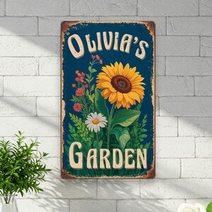 Personalized Flower Garden Sign, Custom Floral Garden Sign, Rustic Floral Garden Metal Sign, Sunflower Wall Art, Garden Decor, Yard Decor