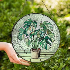 Monstera Garden Stained Glass Suncatcher, Monstera Garden Home Decor Plant Lovers Gift, Monstera Plant Wall Window Hanging Art Decoration