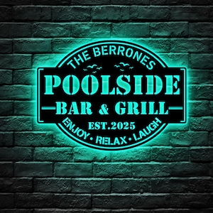 Poolside Bar and Grill Metal Wall Art With Led Lights, Personalized Sign, Pool and Bar, Bar Sign, Bar and Grill, Poolside Bar Patio Decor
