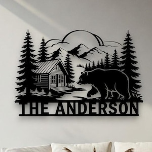 Personalized Cabin Bear Metal Sign, Cabin Name Sign with Bear, Lodge Wall Decor with Name, Metal Sign for Lodge, Forest, or Mountain Home