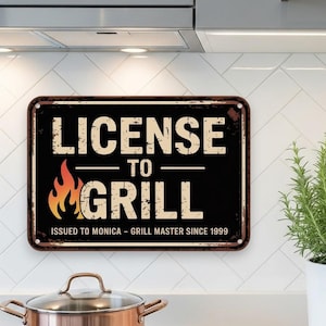 Personalized Grill Master Sign, BBQ License to Grill Metal Sign, Custom BBQ Wall Art for Backyard, Outdoor BBQ Gift, Outdoor Cooking Sign