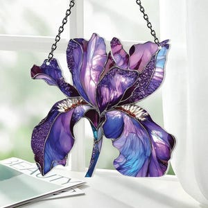 Iris Blume Fenster hängen Acryl, lila Blumen Sonnenfänger, Februar Geburt Blumendekor, elegante Natur Verzierung, Geschenk für sie